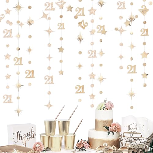 Image of Champagne Gold 21st Birthday Decorations Number 21 Circle Dot Star Garland Metallic Streamer Banner Backdrop for Girls Boys Cheers to 21 Years Finally Legal Bday Happy 21st Anniversary Party Supplies