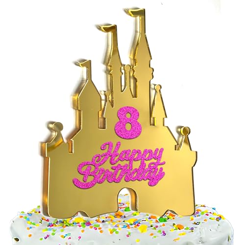 Gold Castle Cake Topper with Numbers 0–9 – Princess Birthday Cake Decorations, Reusable Gold Acrylic Happy Birthday Cake Topper Set for Girls Party Supplies (golden)