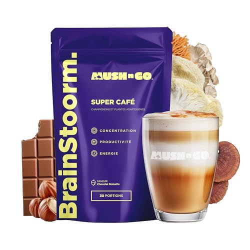 Brainstoorm Mushngo - Super Café aux Champignons Adaptogènes : Lion’s Mane, Cordyceps, Chaga - Vegan - Concentration, Énergie, Clarté Mentale - 30 tasses de 8g - Goût Chocolat Noisette