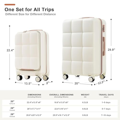 Travel Smart 3-Piece Luggage Set - 20-Inch Front-Opening Design with USB Port, Durable ABS Material, White2