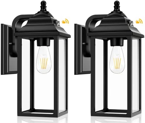 QUNCWL Outdoor Wall Light Porch Fixture: Exterior Lights Lantern Sensor Dusk to Dawn - Outside Sconce Lighting Black Lamp for House Garage Front Door