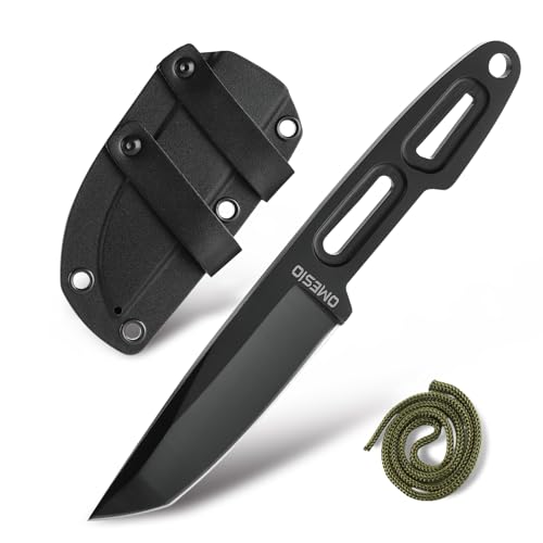 Omesio Coltello da cintura piccolo con cordino per fodero - 5CR13MOV Coltello EDC in acciaio, Outdoor Small Lateral Carry - Coltello da spedizione leggero ideale, coltello a taglio completo per la cac