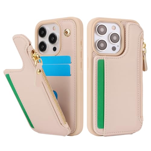 Image of Cavor for iPhone 13 Pro Case with Card Holder,for iPhone 13 Pro Wallet Case for Women Men,Leather Magnetic Clasp Zipper Pocket Protective Phone Cover-Cream