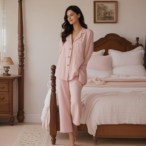 Simple&Opulence Women's 100% Linen Pajama Set Soft Shirt and Pants 2 Pieces Loungewear Slim Fit Soft and Breathable S-L3