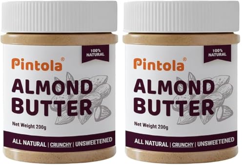 Image of Pintola Almond Butter Crunchy 200g All Natural Unsalted Butter, Healthy Almond Butter Unsweetened for Bread Spreads, Vegan (Pack of 2)
