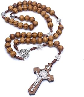Hertos Wood Beads Rosary Necklace Saint Benedict Medal & Catholic Cross Religious Prayer Chaplet String Handmade