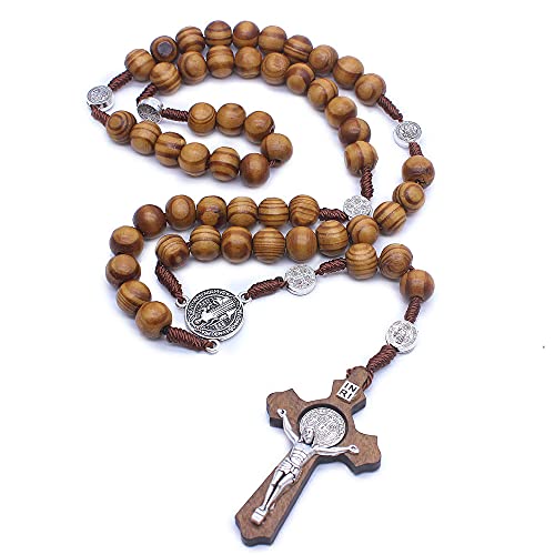 Faith & Gospel Wooden Rosary Beads Necklace Wood Saint Benedict Medal & Catholic Cross Religious Prayer Chaplet Handmade