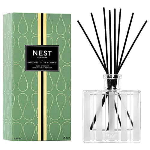 NEST New York Reed Diffuser, Santorini Olive & Citron - 5.9 fl oz - Fragrance for Up to 90 Days - Reusable, Refillable Glass Holder - Includes 8 All-Natural Reed Sticks - Flame Free