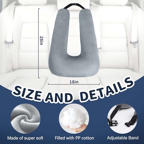 Image of Travel Pillow,Car Pillow for Kids on Road Trip,Head and Neck Support,Green | Car Travel Essentials Sleeping Pillow for Kids and Adults with Adjustable Strap,Plush Faux Fur, High-Resilience PP Cotton