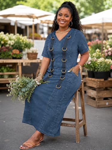 Image of SUZONANA Plus Size Denim Print Maxi Dresses for Women Casual V Neck Short Sleeve with Pockets Soft Jean Look Dress XL-6XL