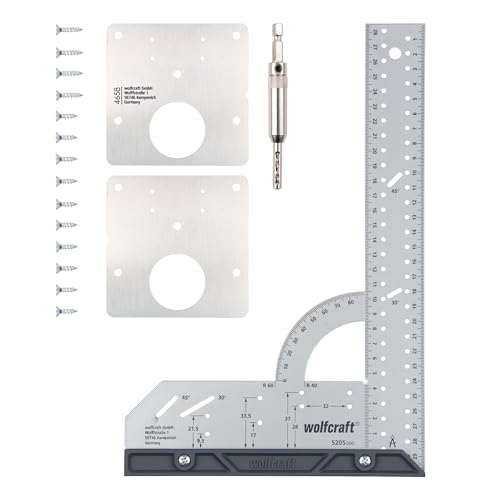 wolfcraft Projekt-Set „Reparatur von Topfscharnieren – Türseite“ - 8657000 - zur maßgenauen Reparatur von zwei Topfscharnieren an der Türseite - inklusive Universalwinkel
