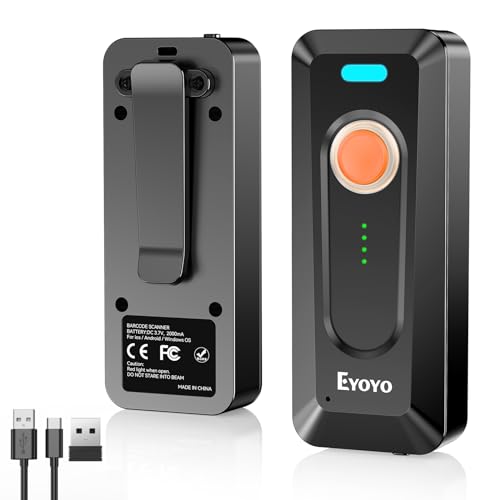 Image of Eyoyo Portable 2D Bluetooth Barcode Scanner with Clip, 2000mAh Battery with Level Indicator, Wireless Mini 1D QR Bar Code Reader Compatible with Android, iPad, iPhone for Warehouse Inventory