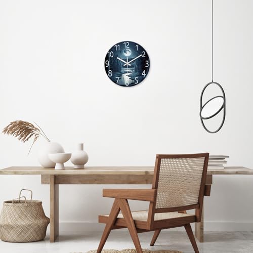 Image of XFM Moon Glass Wall Clock 12 Inch Dark Blue | Silent Non Ticking Battery Operated Round Analog Modern Nature Decorative for Living Room Kitchen Bedroom Decor