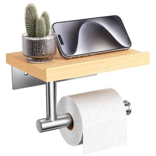 Image of Tindbea Toilet Paper Holder with Wood Shelf, Wooden Wall Mount Tissue Paper Roll Holder, Brushed Nickel Stainless Steel Bathroom Accessories Decor for Home (Maple, Brushed Nickel)