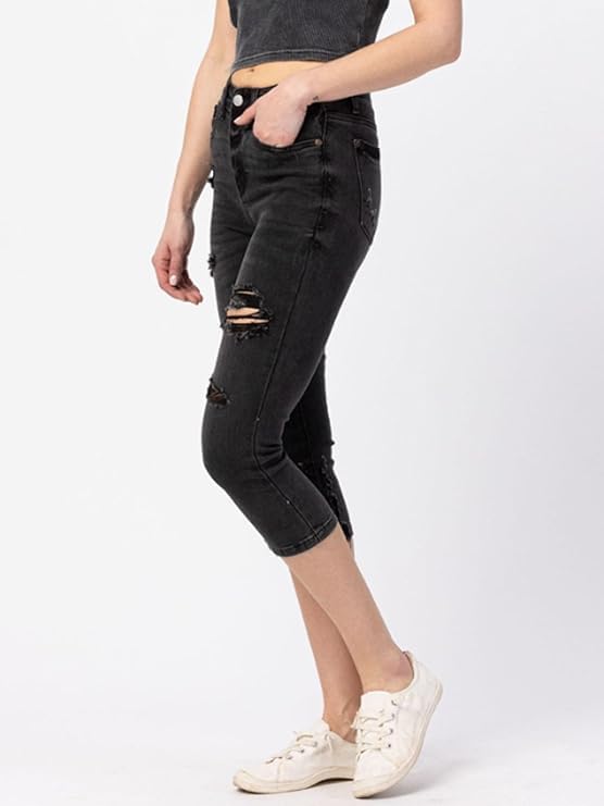 Judy Blue Hi-Waist Destroyed Skinny Capri Jeans in Black - Perfectly Worn-in Look & Feel 82270-3