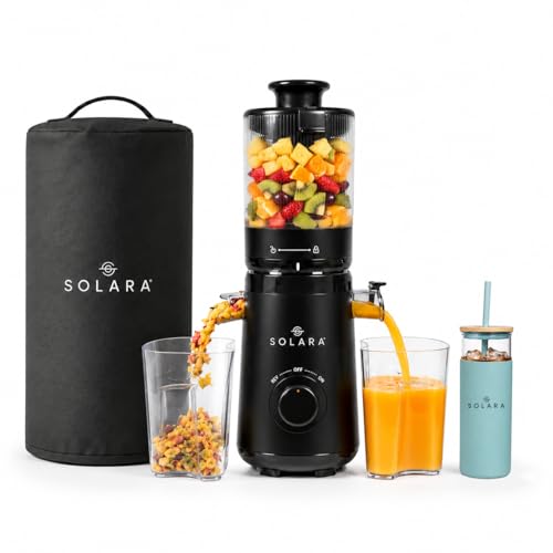Image of SOLARA Cold Press Juicer Combo - Slow Masticating Juicer Machine + Glass Tumbler + Juicer Cover Bag | High Juice Yield | Nutrient Retention | Easy to Clean | Ideal for Fruits & Vegetables