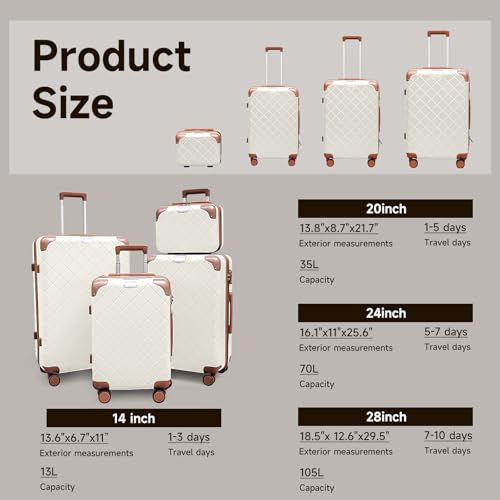 Image of 4 Piece Hardshell Luggage Set for Weekend Getaways & Family Travel ABS+PC Lightweight Hardside Durable Travel luggage sets Suitcases with Spinner Wheels YKK Zipper TSA Lock (14 /20 /24 /28 White)