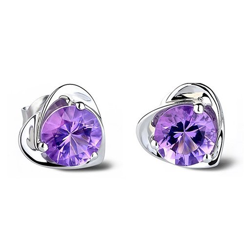 Baost 1Pair Women Love Heart Purple Charm Rhinestone Silver Plated Ear Studs Earrings Sparkling Crystal Diamond Pierced Earring for Party Daily Pom Random