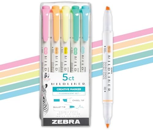 Zebra Pen Mildliner, Double Ended Highlighter, Broad and Fine Tips, Assorted Fluorescent Colors, 5 Pack
