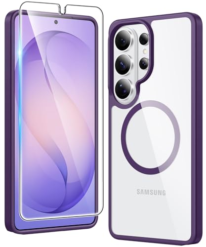 Image of FNTCASE for Samsung Galaxy S26-Ultra Case: Clear Magnetic Phone Cases with Screen Protector Compatible with Magsafe Slim Anti Yellowing Rugged Protective Transparent Cell Phone Cover (Purple Magnetic)