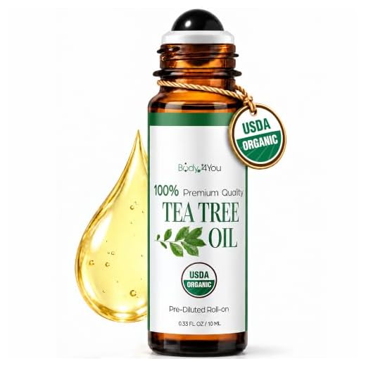BodyJ4You Tea Tree Essential Oil Roll-On - Clarifying Skin Face Nails Care | Pure USDA Organic Pre-Diluted MCT - Purifying for Blemish Prone Oily Skin Face Nails Scalp - Gemstone Roller 10ml Travel