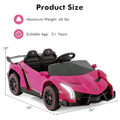 OLAKIDS Kids Ride On Car, 12V 4WD Licensed Lamborghini Veneno Electric Vehicle with Remote Control, Toddlers Battery Powered Toy Gift with 2 Speeds, Rocking Mode, Music, USB, MP3 (Pink)