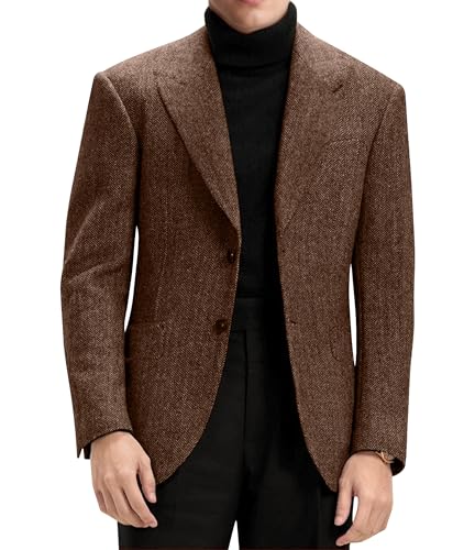 Tweed Jacket Men Retro Slim Fit Herringbone Suit Blazer 2 Button Formal Mens Wool Blazer Brown Sport Coats for Men Prom XL
