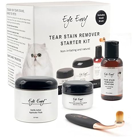 Eye Envy Cat Tear Stain Remover Starter Kit with ProPowder Brush | Stain Solution, Applicator Pads, Stain Powder and Small Applicator Brush | Lasts 30-45 Days Cover
