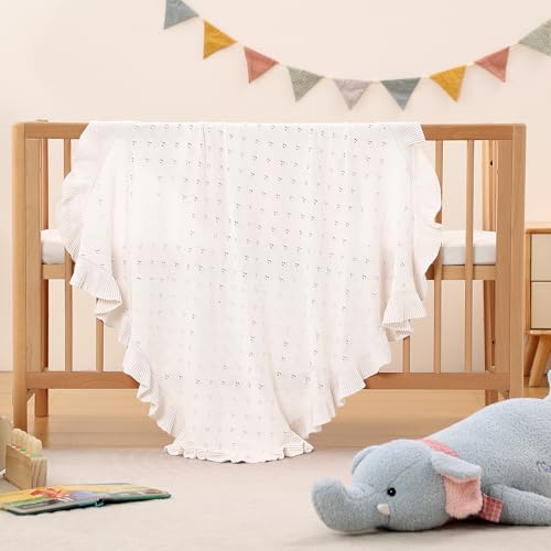 Image of Ruffle Cotton Pointelle Knitted Baby Blanket, 40 x 31 Inches Soft Cozy Newborn Swaddle Blanket for Girls, Crib Stroller Receiving Blanket, Elegant Gift Box,White
