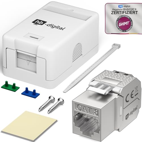 HB-DIGITAL Anschlussbox 1-Port Keystone Modul CAT 8 Aufputz Netzwerkdose mit vormontiertem geschirmtem RJ45 Modul &ndash; LAN Dose f&uuml;r 40 Gigabit Ethernet - Weiss
