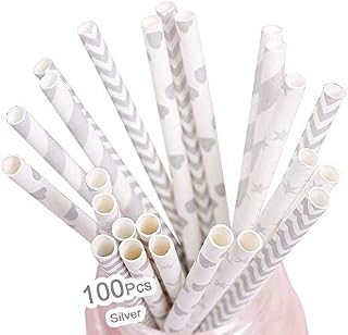 Paper Straws,100 Pack,Biodegradable Paper Drinking Straws, Silver Straws for Parties,Birthday,Baby Shower,Marriage,Engagement,Table Decoration,Carnivals