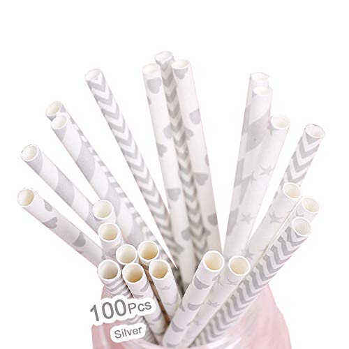 Paper Straws,100 Pack,Biodegradable Paper Drinking Straws, Silver Straws for Parties,Birthday,Baby Shower,Marriage,Engagement,Table Decoration,Carnivals