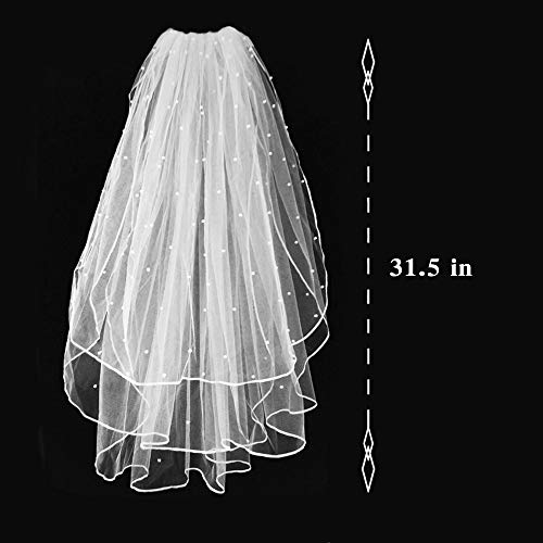 Wedding Veil,White Bridal Veil with Comb, 3 Tier Ribbon Edge with Pearl Center Cascade for Bachelorette Party - Thumbnail 2