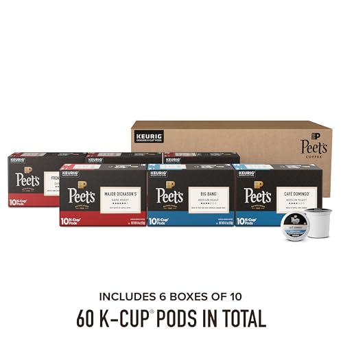 Image of Peet's Coffee, Keurig K-Cup Pods Variety Pack, 100% Arabica Coffee - Major Dickason's Blend, Big Bang, French Roast, Cafe Domingo, Organic Alma De La Tierra, House Blend, 60 CT (6 Boxes of 10 Pods)