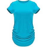 GO HEAVY Damen Multifunktions Work-Out Running T-Shirt Kurzarm Tennisshirt Seiten Plissiert Feutigkeitsregulierdend Türkis M