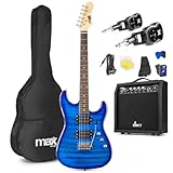 Max GigKit E Gitarre Quilted Style - E Gitarren Set mit Verstärker, Gitarrentasche, Plektrum, Sender & Empfänger, Stimmgerät Gitarre, Kabel, Ersatzsaiten, Gitarrengurt, 22 Bünde - Dunkel Blau