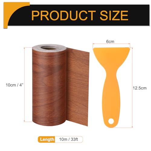 Image of HARFINGTON Wood Grain Repair Tape 4 Inch x 33ft Self Adhesive Repair Patch Tape Simulated Wooden Floor Tapes with Plastic Scraper for Tables Doors Windows Furniture, Bright Brown Wood