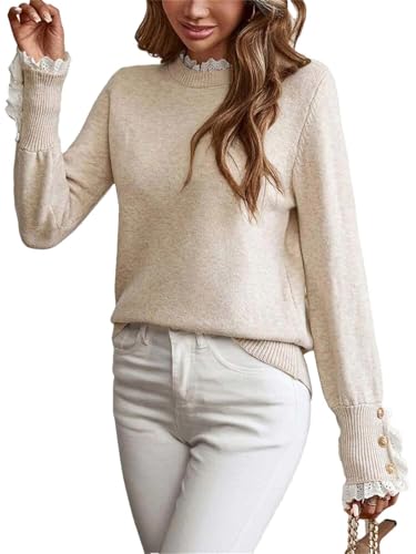 Adhdyuud Women's Knit Pullover Sweater Elegant Crew Neck Long Sleeve Slim Fit Ruffle Cuff Jumper