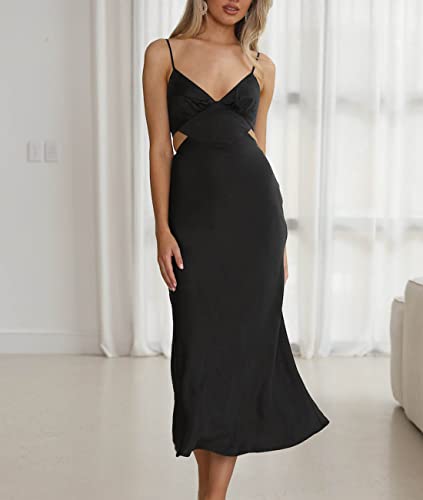 Image of Women Satin Cutout Slip Backless Maxi Dress V Neck Spaghetti Strap Bust Ruched Back Tie Strap Midi Dress for Wedding Guest Black
