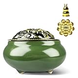 Ceramic Incense Burner, Bowl Burner,Cone Incense Burner with Brass lid for use with Stick or Cone-Shaped Incense，Lotus Incense Stick Holder Calabash Incense Stick Holder, 3pc (Dark Green)