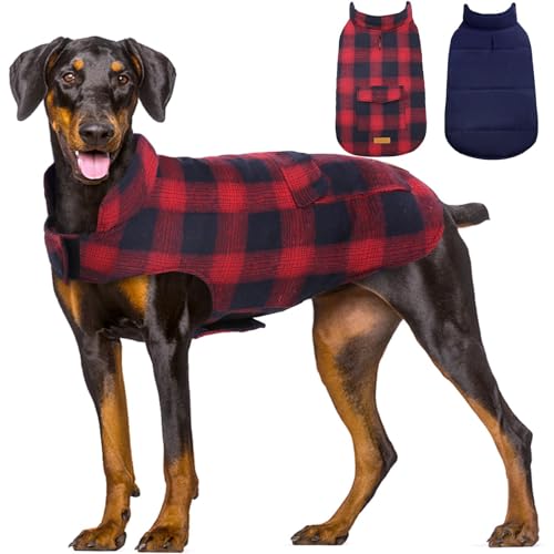 Kuoser Reversible Dog Jacket, Warm Winter Coat for Large Dogs, Warm Windproof Pet Cold Weather Clothes, Red XXL XXL (Chest Girth: 29.5-35.4'') Red+Blue