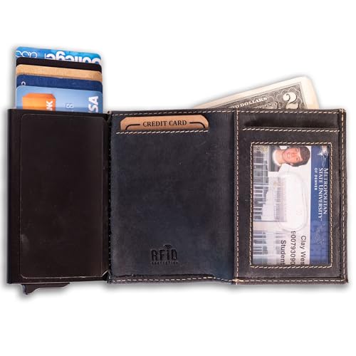 Image of Full Grain Leather Pop-Up Wallet for Men - RFID Blocking Bifold with Quick Card Access - Slim Minimalist Design - Holds 8+ Cards & Cash (Black)