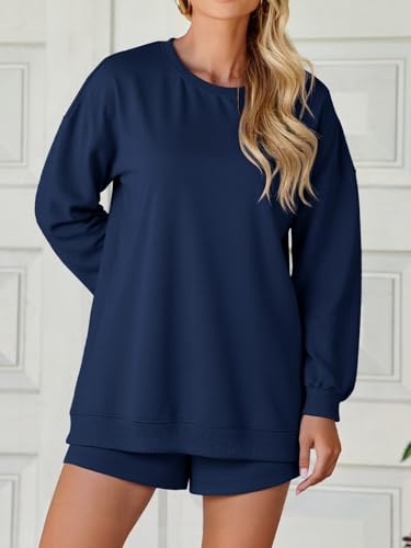 Tankaneo Womens Oversized 2 Piece Outfits Sweatsuit Casual Long Sleeve Crewneck Sweatshirts Sweat Shorts Fall Lounge Sets4