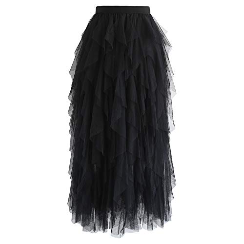 Chicwish Women's Black Tiered Layered Mesh Ballet Prom Party Tulle Tutu A-line Midi Skirt