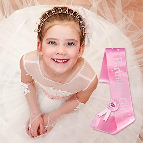 3 Pieces Birthday Badge Strap Birthday Girl Decorations Set Birthday Girl Sash Birthday Girl Tiara and Birthday Girl Award Badge Award Ribbon Badge for Girl Party Supplies (Pink, Rose Gold)