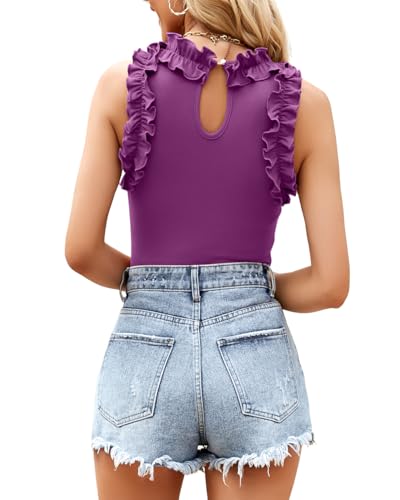 Image of WAYMAKER Women's Sleeveless Racer Back Ruffle Mock Turtle Neck Ribbed Bodysuit Tank Tops