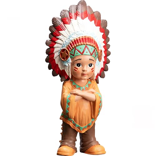 Estatua del jefe nativo americano, escultura de resina hecha a mano de 12 pulgadas con tocado de plumas, figura de guerrero tribal para oficina, escritorio, decoración de estantes, regalo cultural