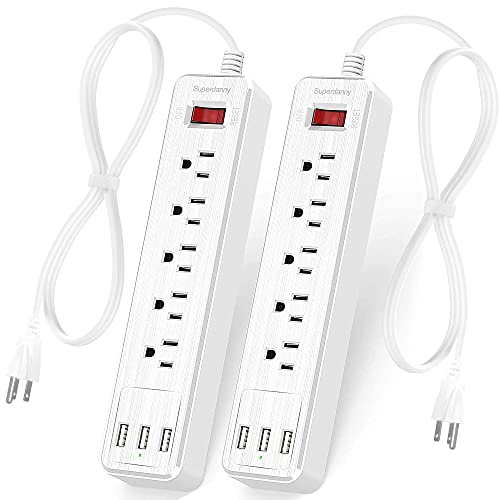 USB Surge Protector Power Strip, SUPERDANNY Mountable 4.5ft Extension Cord Multiple Protection 5 Outlet 3 USB Port with Hook & Loop Fastener for iPhone iPad PC Home Office RV Travel, White, 2 Pack