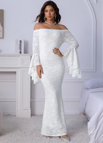 Image of HOYISHION Women's Off The Shoulder Floral Lace Maxi Dress White Bridesmaid Wedding Party Maternity Photoshoot Long Dresses