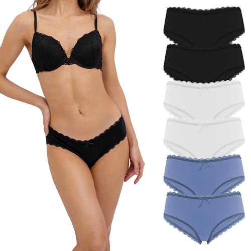 Fabio Farini - 6 Stück Damen Hipster Baumwoll Unterhosen Frauen Höschen Slips Panties Unterwäsche Spitze Sets Pack - Hotpants Brazilian mehrpack 2X Weiß/2x Schwarz/2x Hellblau 44